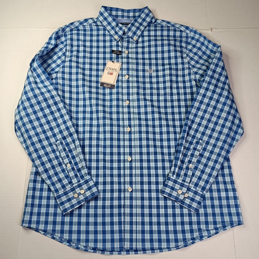 Chaps Easy Care Woven Shirt Men's Size XL Classic Blue Plaid Stretch Classic Fit